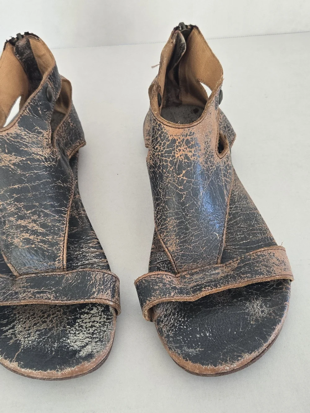 BED|STU Distressed Two-Tone Black & Tan Leather Cutout Sandals